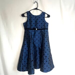 Girls Blue Polka Dot Taffeta Dress Velvet Ribbon Tulle Underskirt 10 Fancy Party